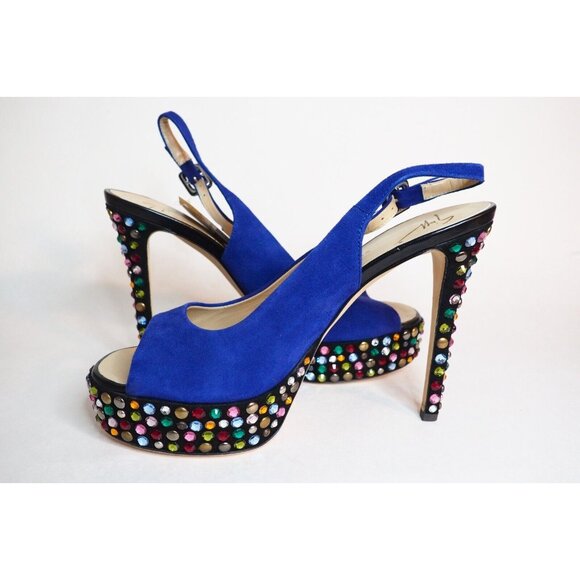 Giuseppe Zanotti Design Blue Suede Peep Toe Bejeweled Platform Heels, Size 9 US - Picture 8 of 14